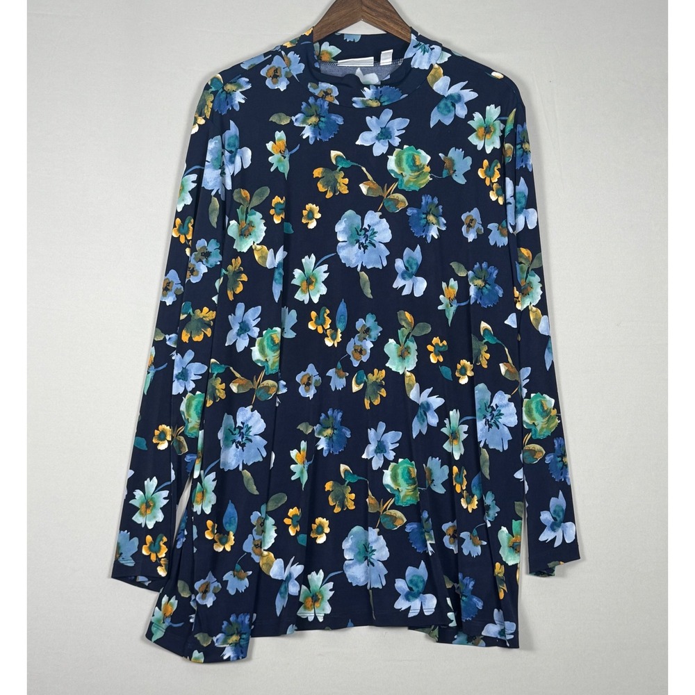 Susan Graver Floral Tunic Women 3X Navy Blue NWOT Mock Neck Liquid Knit Top